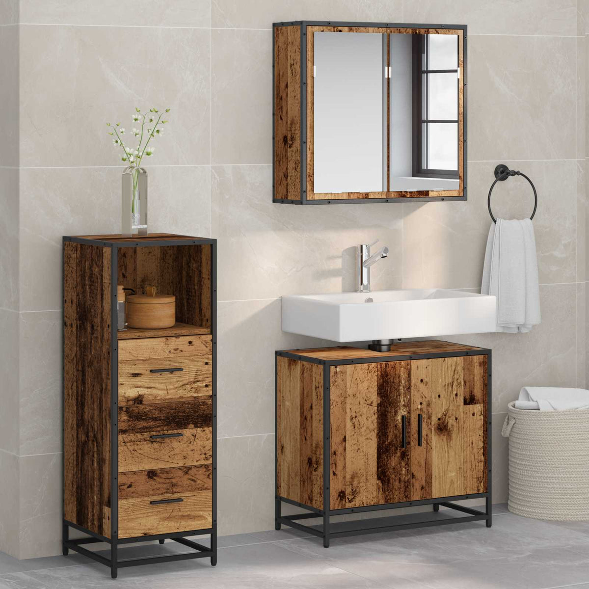 Badkamermeubelset met lade 3 pcs Oud Hout Bewerkt hout is nu te koop bij PeponiXL, paradijselijk wonen!