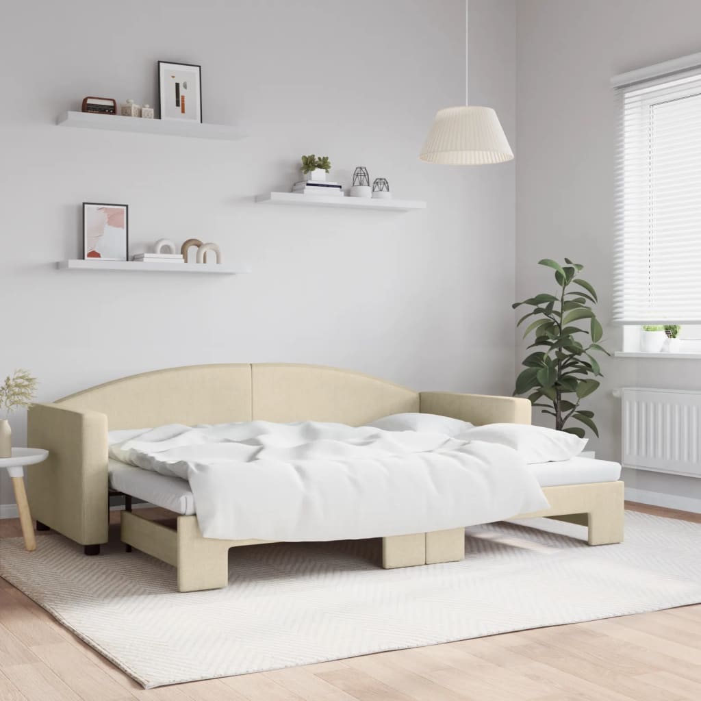 Slaapbank met onderschuifbed 80x200 cm stof crèmekleurig is nu te koop bij PeponiXL, paradijselijk wonen!