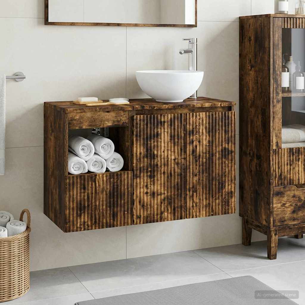 Badkamermeubelset 2 st Gerookt eiken Bewerkt hout is nu te koop bij PeponiXL, paradijselijk wonen!