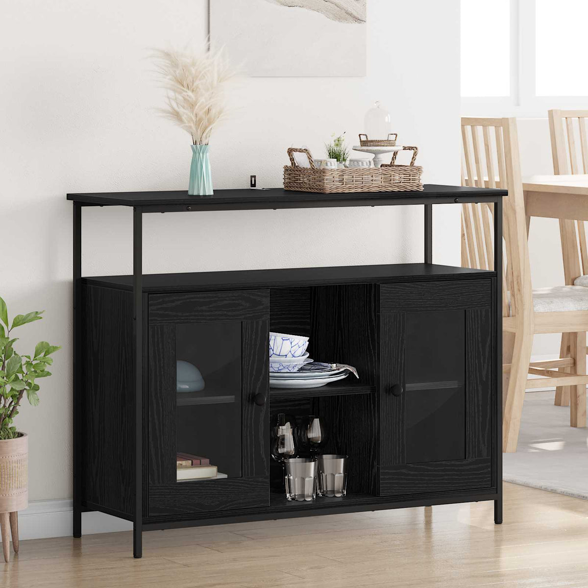 Dressoir Zwart Eiken 100 x 35 x 80 cm Bewerkt hout is nu te koop bij PeponiXL, paradijselijk wonen!