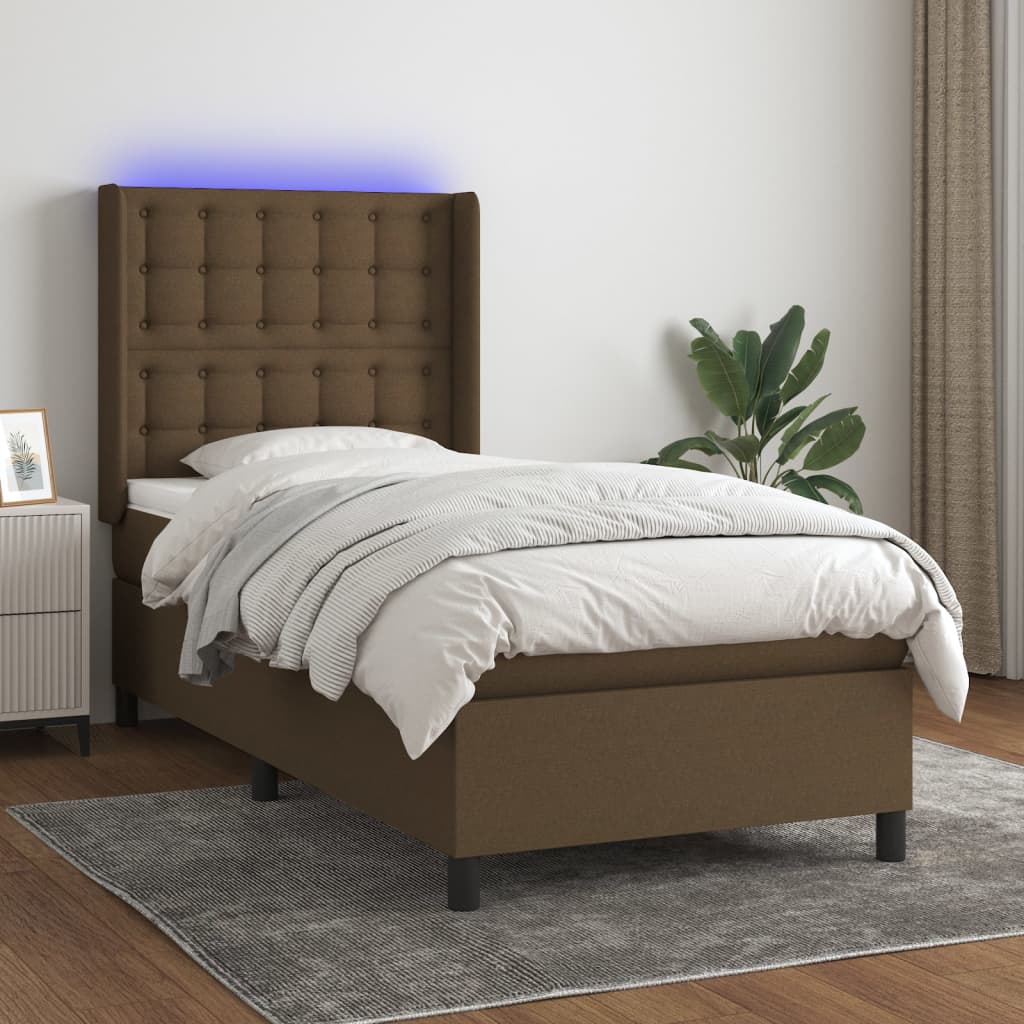 Boxspring met matras en LED stof donkerbruin 90x190 cm is nu te koop bij PeponiXL, paradijselijk wonen!