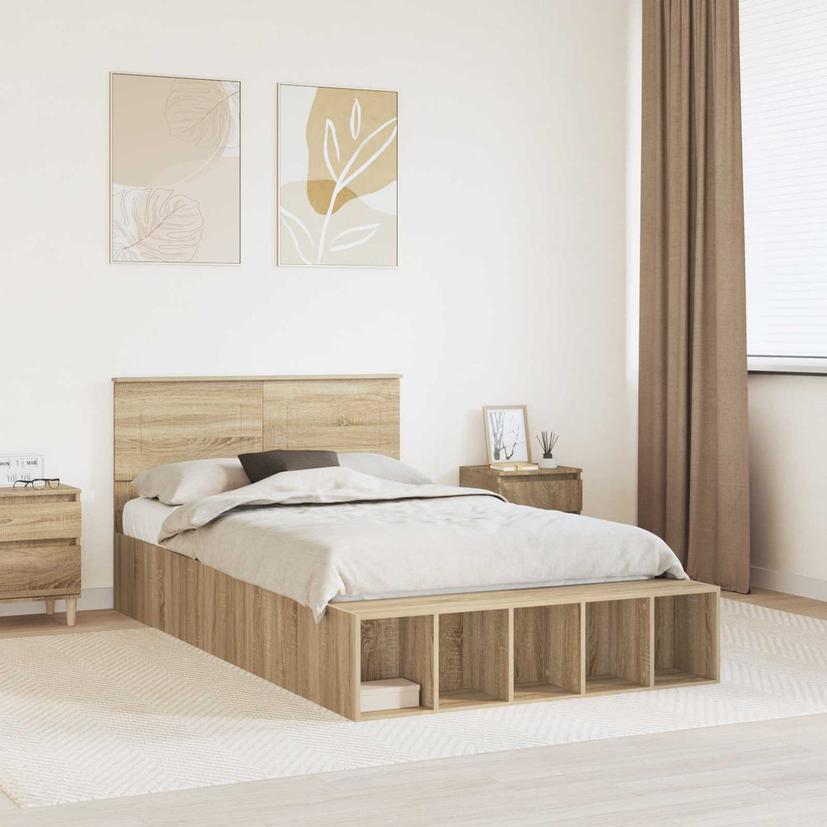 Bedframe met plank Sonoma Eiken 135 x 190 cm Bewerkt hout is nu te koop bij PeponiXL, paradijselijk wonen!