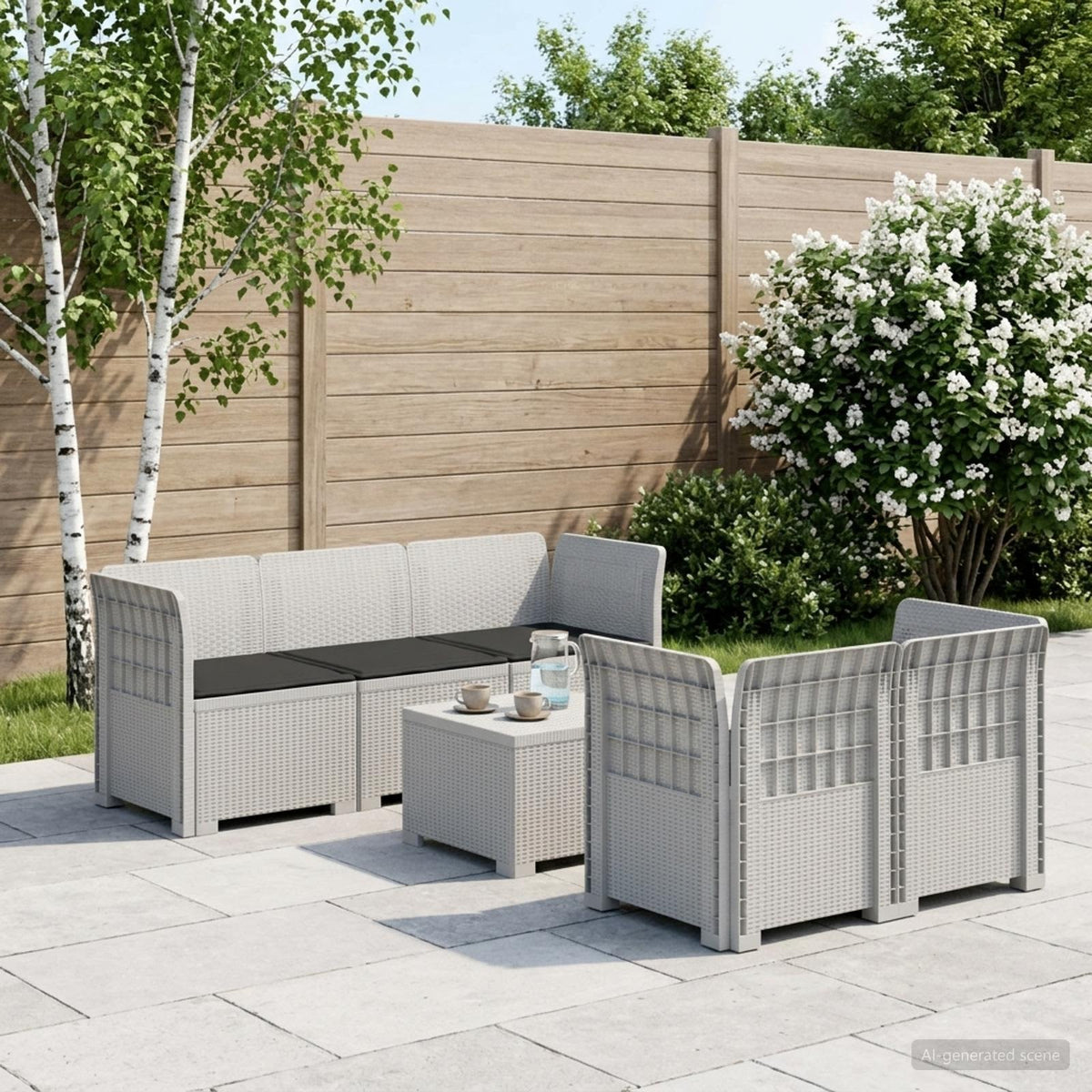 5-Zits Tuin Sofa met Kussens Rattan Look PP Wit is nu te koop bij PeponiXL, paradijselijk wonen!