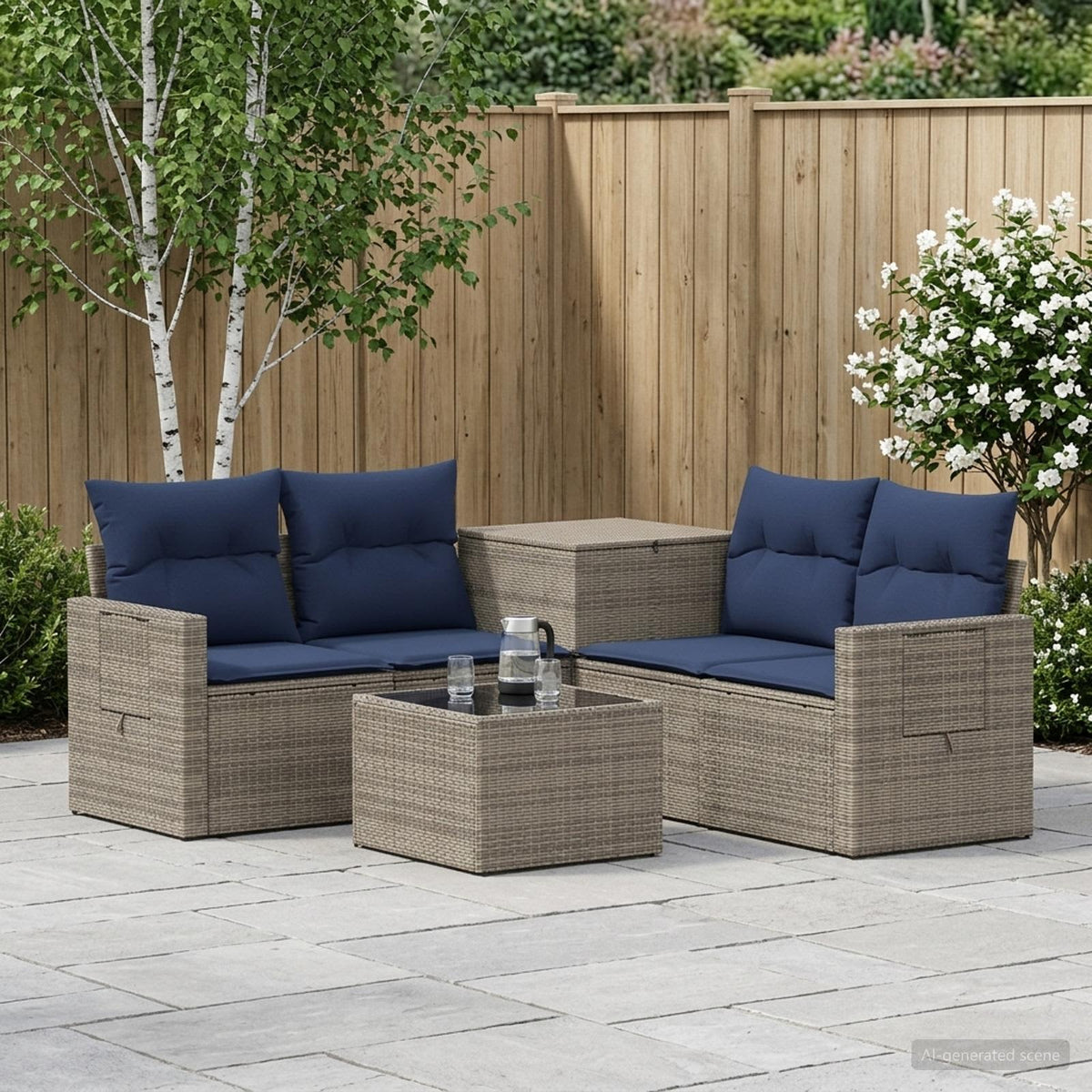Bankstel 6 st Grijs en Marineblauw Poly Rattan en Staal is nu te koop bij PeponiXL, paradijselijk wonen!