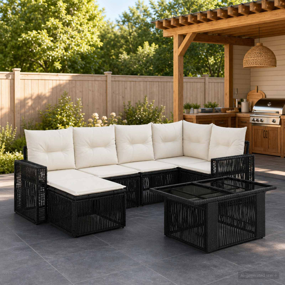 Tuinbankenset 7 st Zwart en Cream Wit poly rattan is nu te koop bij PeponiXL, paradijselijk wonen!