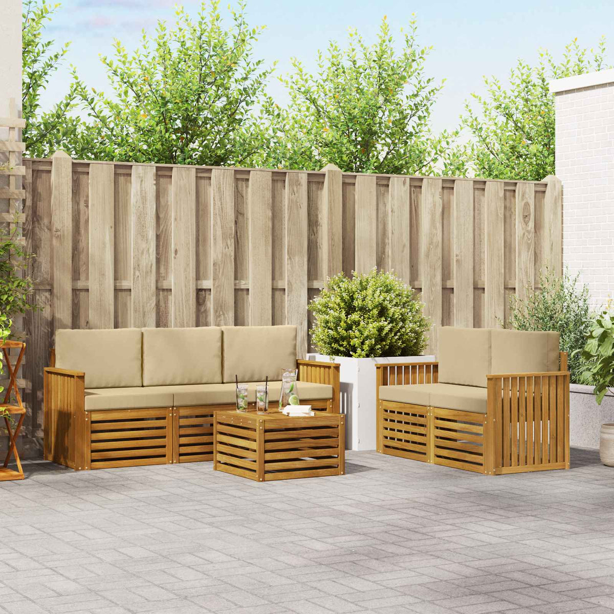 Sofa-Sets 6 pcs Natuurlijk en Beige Massief Acaciahout is nu te koop bij PeponiXL, paradijselijk wonen!