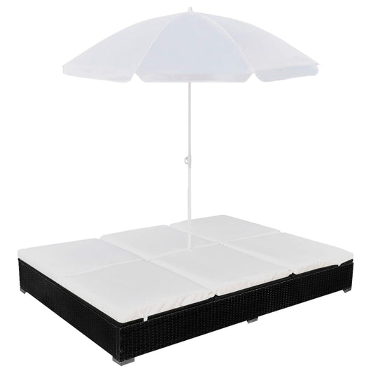 Loungebed met parasol poly rattan zwart is nu te koop bij PeponiXL, paradijselijk wonen!