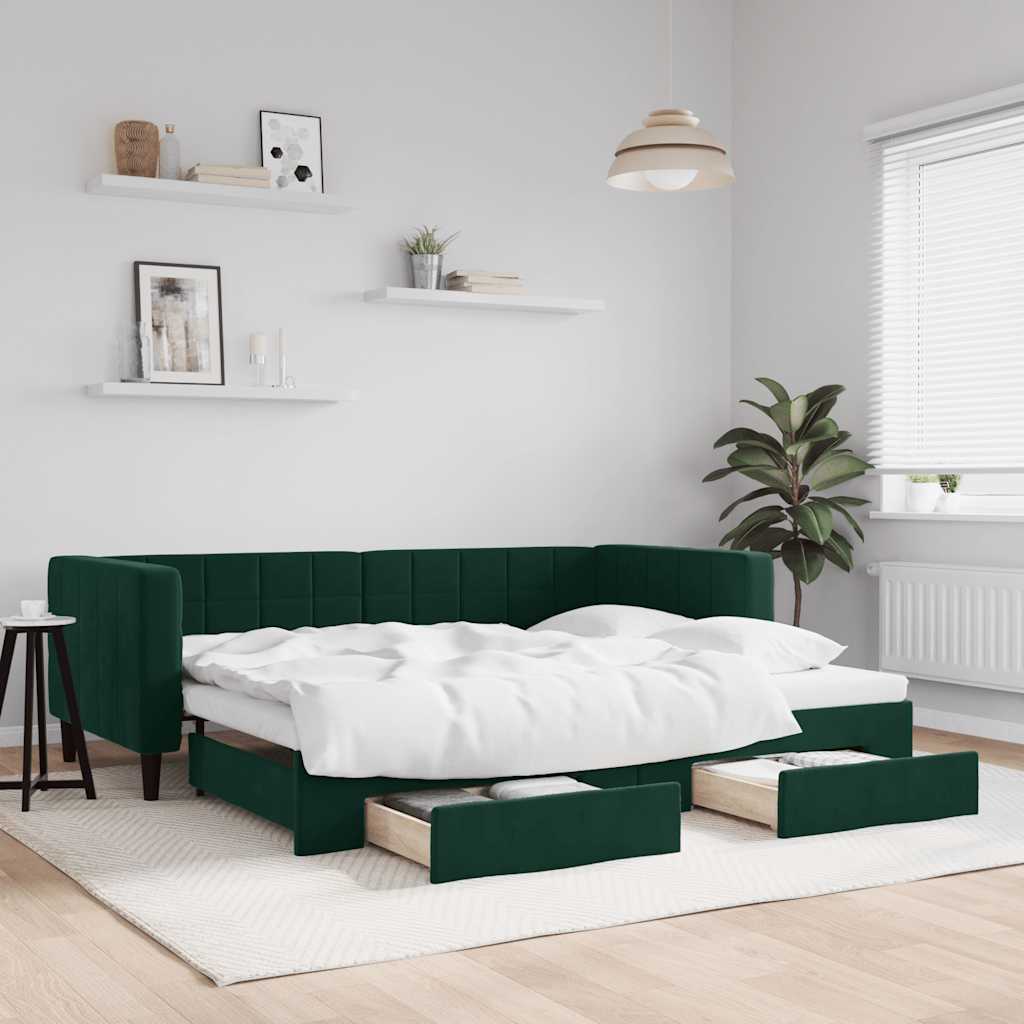 Slaapbank onderschuifbed en lades 90x200 cm fluweel donkergroen is nu te koop bij PeponiXL, paradijselijk wonen!