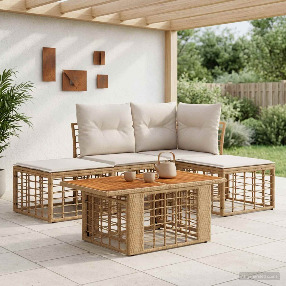 Tuinbankenset 5 st Natuurlijk en Crème Wit poly rattan is nu te koop bij PeponiXL, paradijselijk wonen!