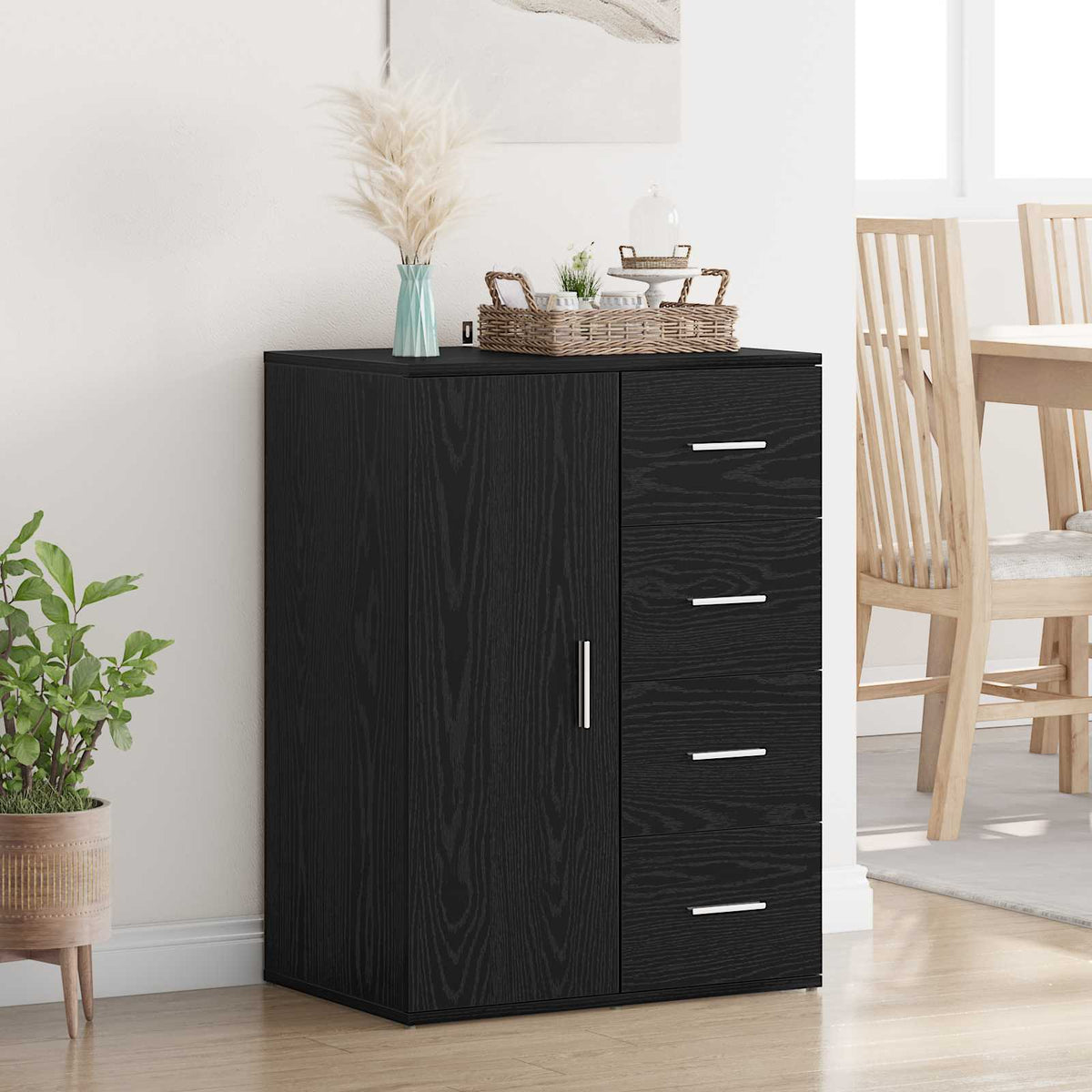 Dressoir met lade Zwart Eiken 59 x 39 x 80 cm Bewerkt hout is nu te koop bij PeponiXL, paradijselijk wonen!