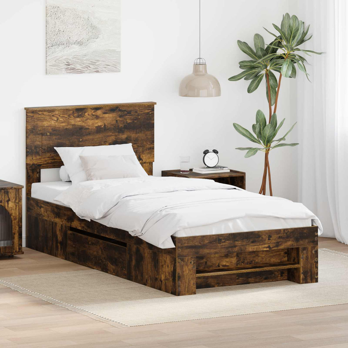 Bedframe met hoofdeinde Gerookt eiken 100 x 200 m Bewerkt hout is nu te koop bij PeponiXL, paradijselijk wonen!