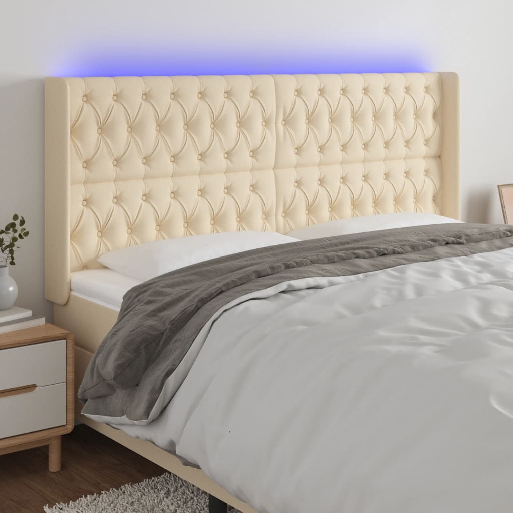 Hoofdbord LED 203x16x118/128 cm stof crèmekleurig is nu te koop bij PeponiXL, paradijselijk wonen!