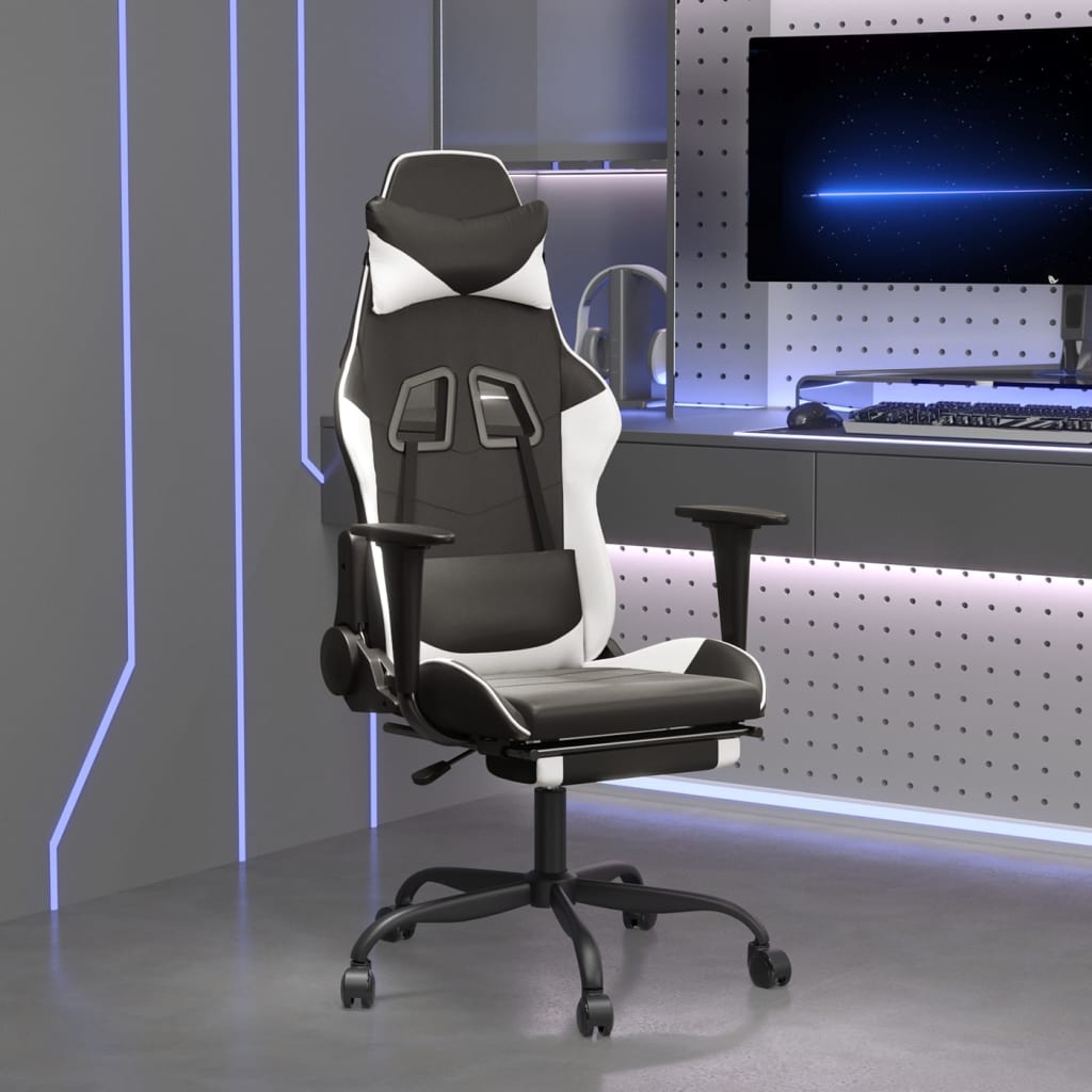 Gamestoel met voetensteun kunstleer zwart en wit is nu te koop bij PeponiXL, paradijselijk wonen!