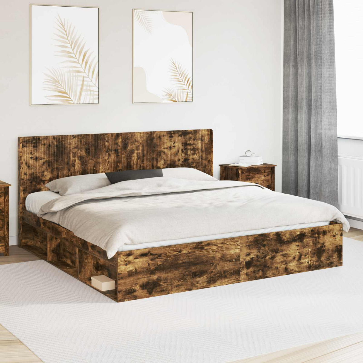 Bedframe met opbergruimte en hoofdbord Gerookt eiken is nu te koop bij PeponiXL, paradijselijk wonen!