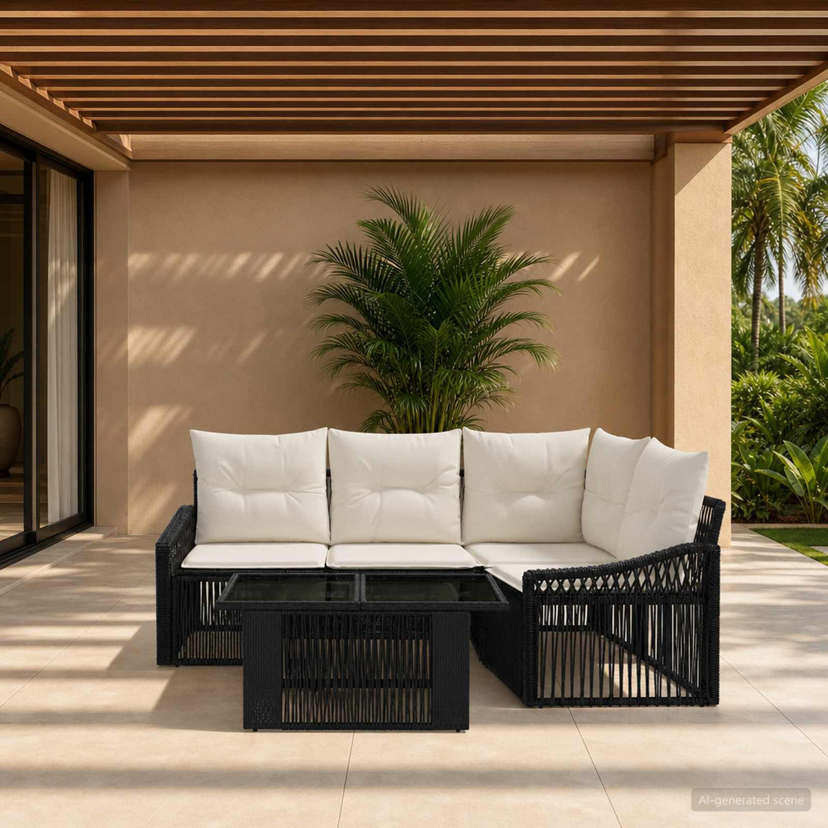 Tuinbankenset 5 st Zwart en Cream Wit poly rattan is nu te koop bij PeponiXL, paradijselijk wonen!