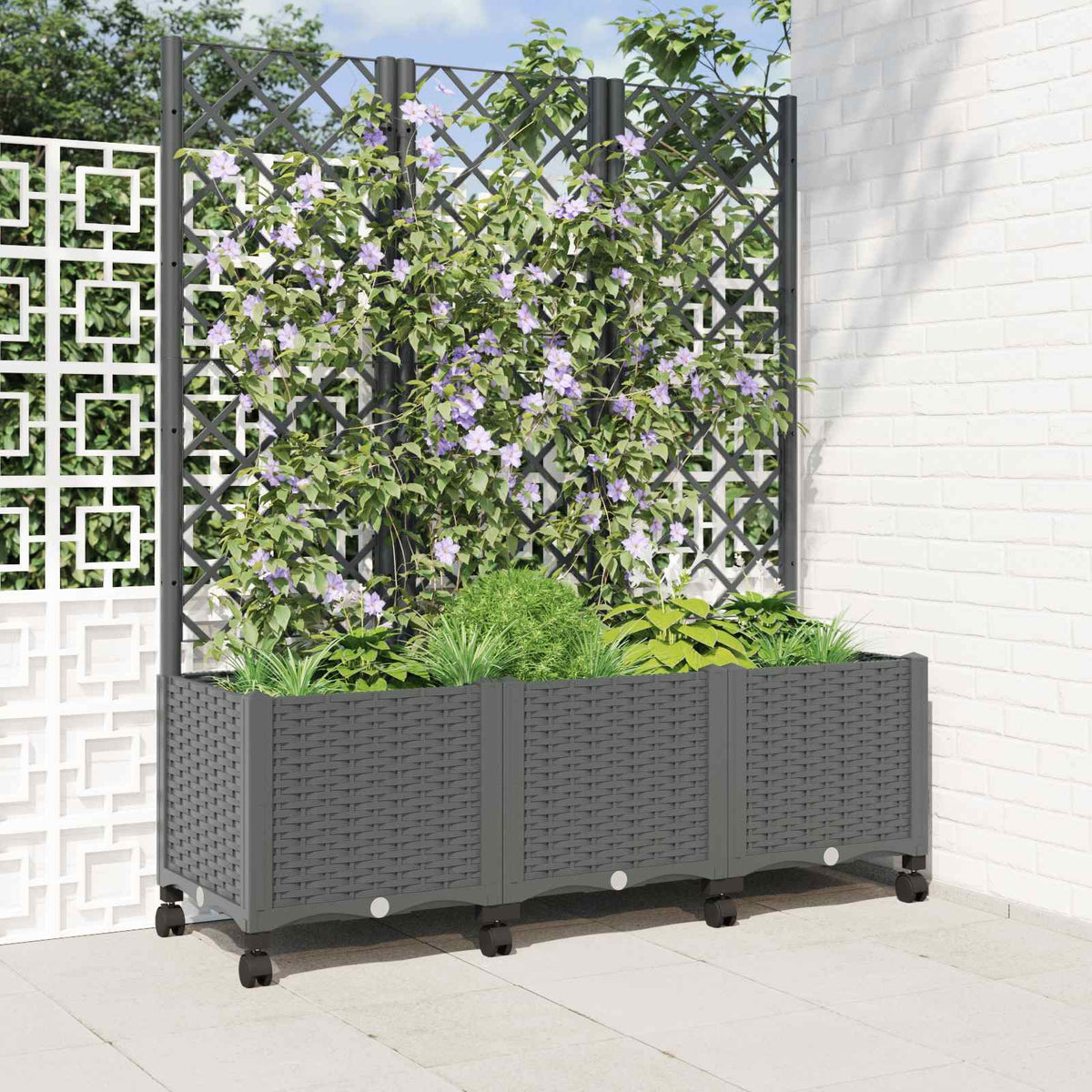 Tuinplantbak met schutting en wielen Lichtgrijs PP is nu te koop bij PeponiXL, paradijselijk wonen!