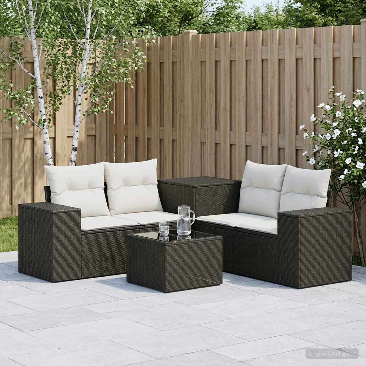Bankstel 6 st Zwart en Cream Wit Poly Rattan en Staal is nu te koop bij PeponiXL, paradijselijk wonen!