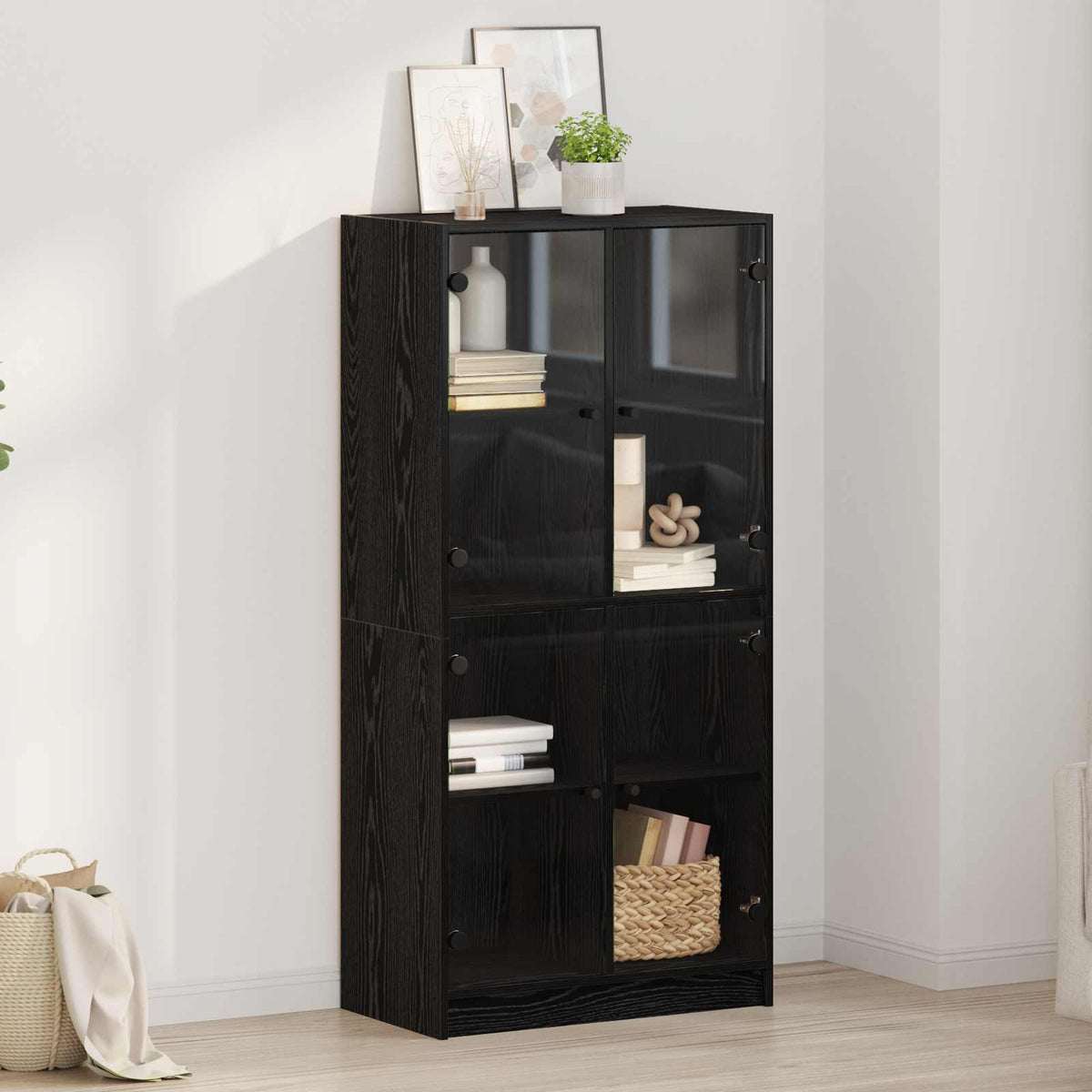 Highboard Zwart Eiken 68 x 37 x 142 cm Bewerkt hout is nu te koop bij PeponiXL, paradijselijk wonen!
