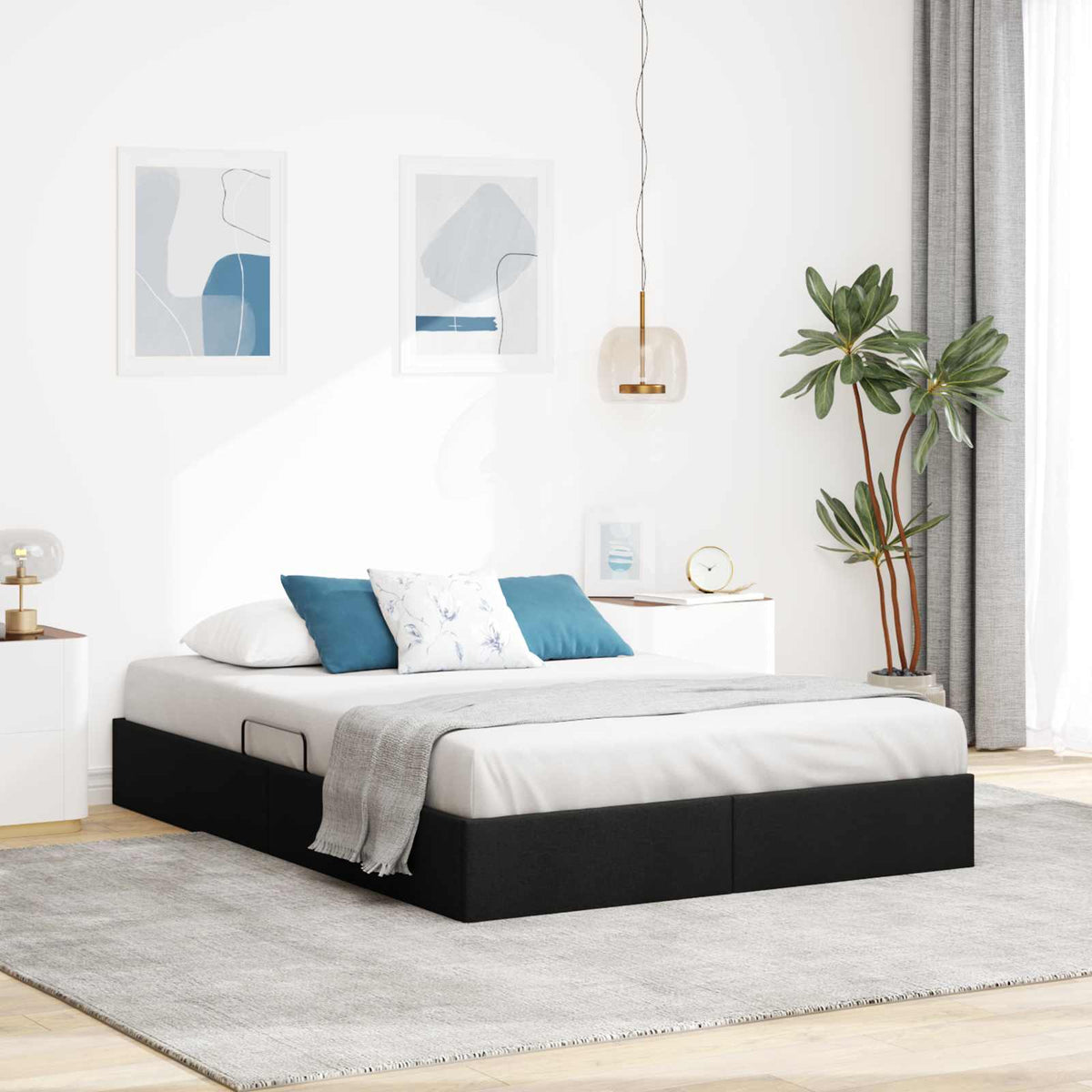 Ottoman Bedframe met opslag Zwart 140 x 200 cm Stof is nu te koop bij PeponiXL, paradijselijk wonen!