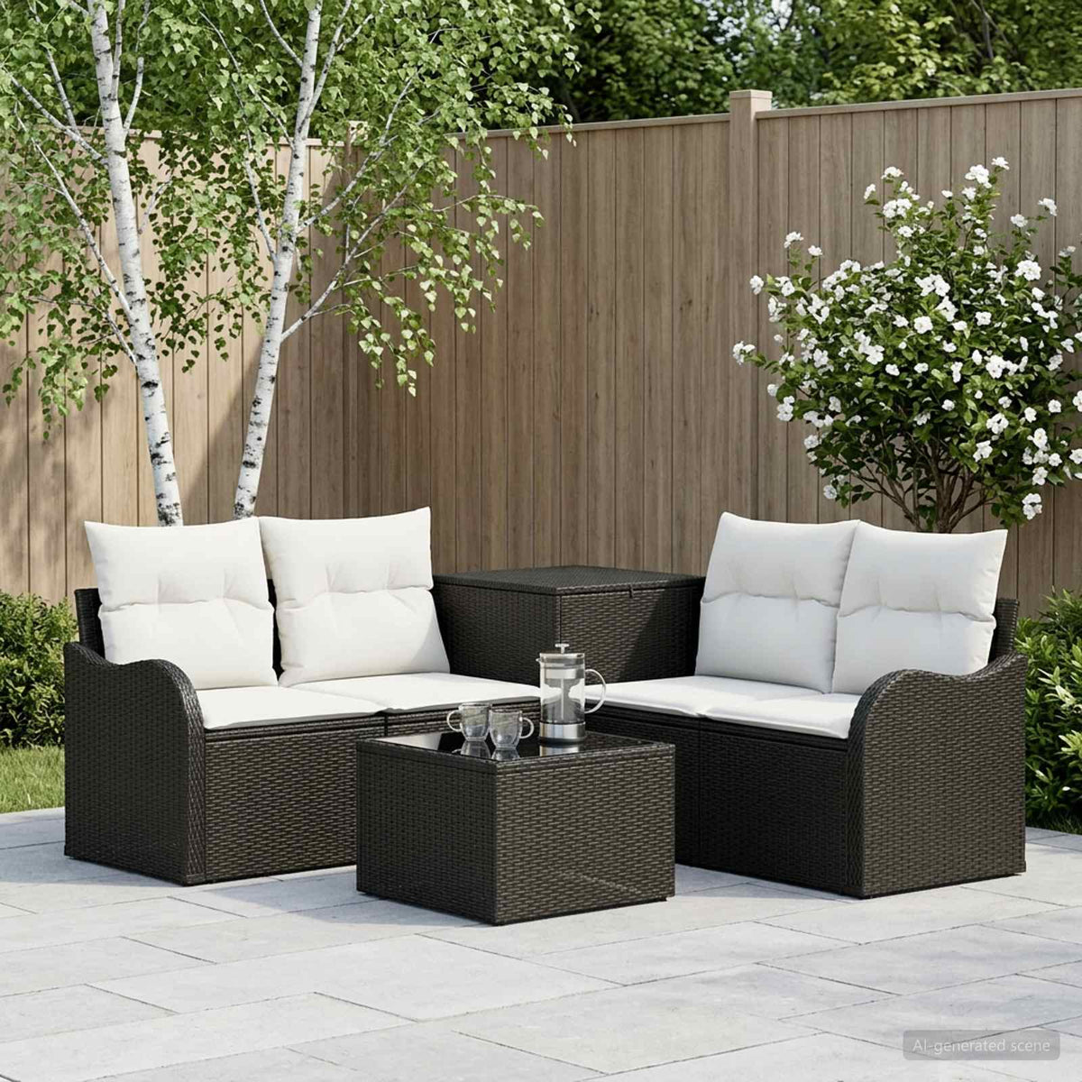 Bankstel 6 st Zwart en Cream Wit Poly Rattan en Staal is nu te koop bij PeponiXL, paradijselijk wonen!