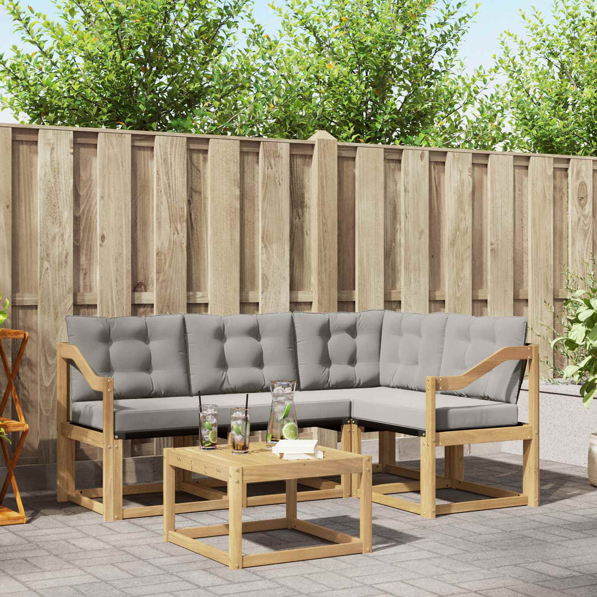 Buiten bankenset met kussen 5 pcs Wit en Lichtgrijs is nu te koop bij PeponiXL, paradijselijk wonen!