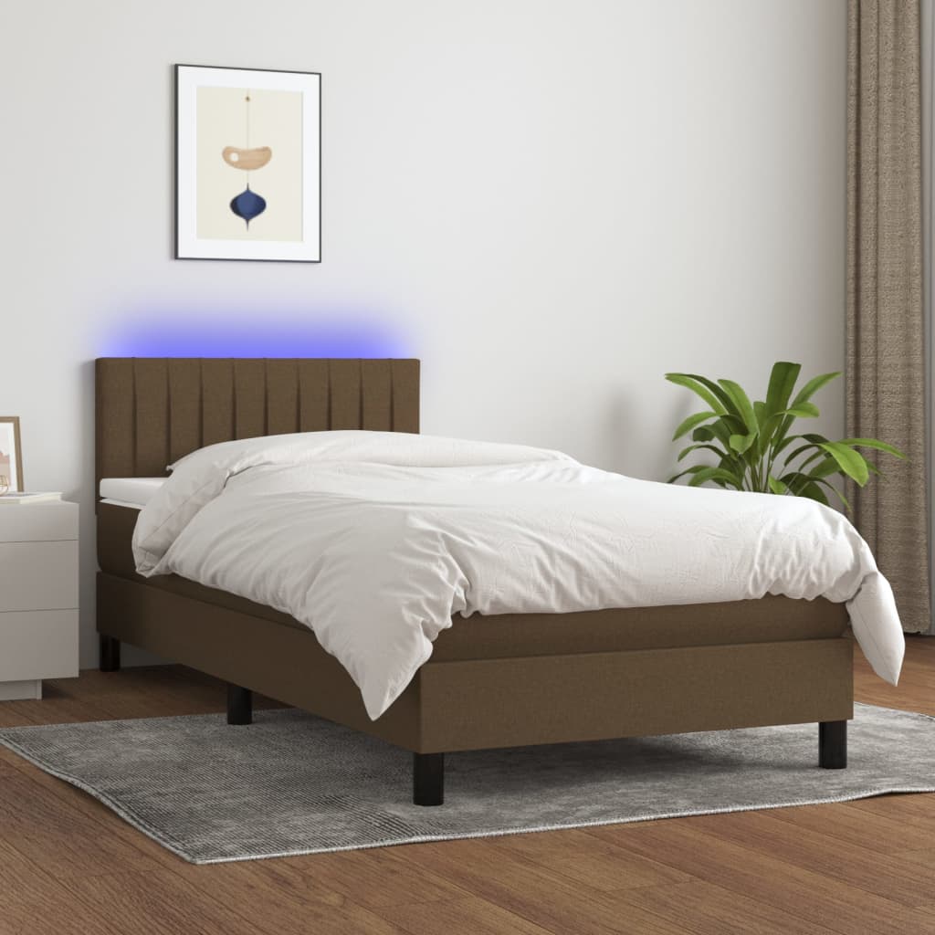 Boxspring met matras en LED stof donkerbruin 100x200 cm is nu te koop bij PeponiXL, paradijselijk wonen!