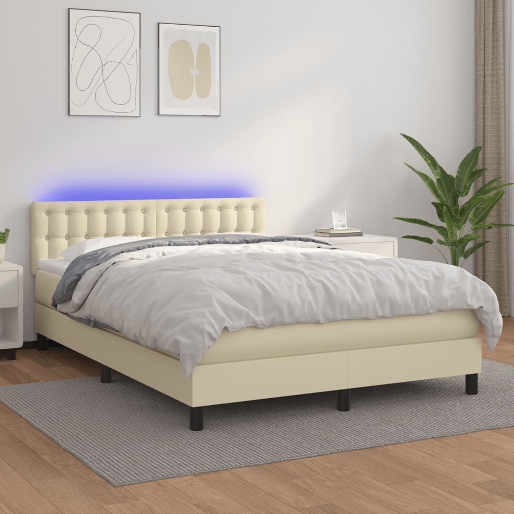 Boxspring met matras en LED kunstleer crèmekleurig 140x200 cm is nu te koop bij PeponiXL, paradijselijk wonen!