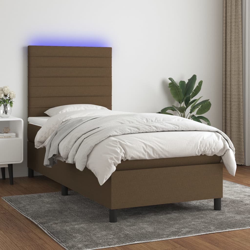 Boxspring met matras en LED stof donkerbruin 100x200 cm is nu te koop bij PeponiXL, paradijselijk wonen!