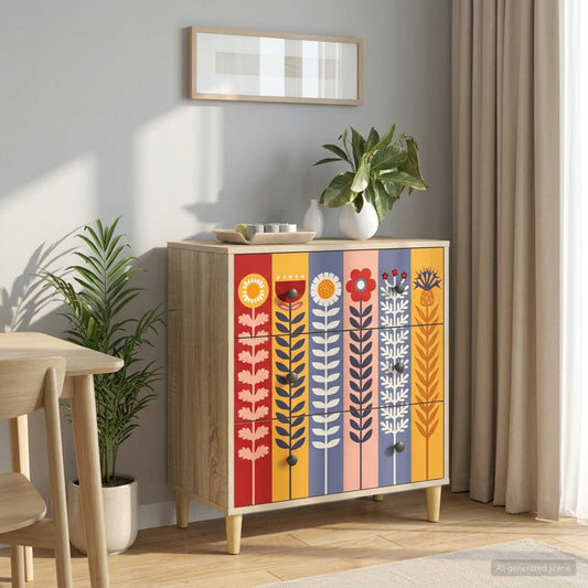 Ladekast ESSEN Zonnebloemprint 66 x 36,5 x 75 cm Bewerkt hout is nu te koop bij PeponiXL, paradijselijk wonen!