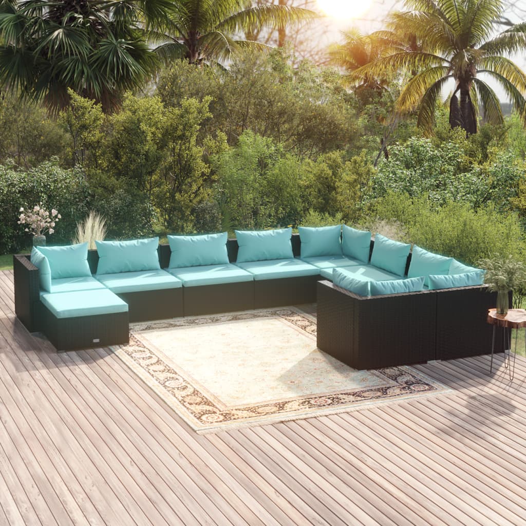 10-delige Loungeset met kussens poly rattan zwart is nu te koop bij PeponiXL, paradijselijk wonen!