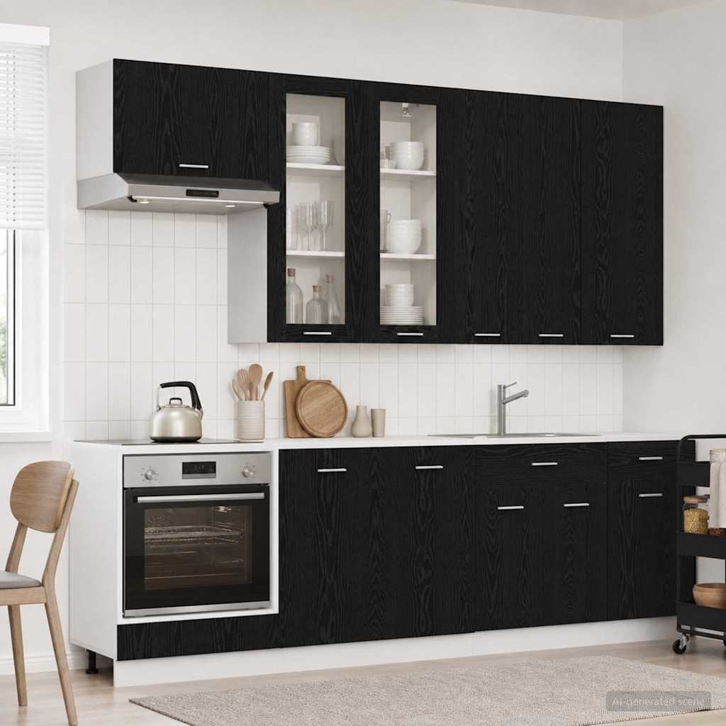 Keukenblok LYON 8 pcs Zwart eiken Bewerkt hout is nu te koop bij PeponiXL, paradijselijk wonen!