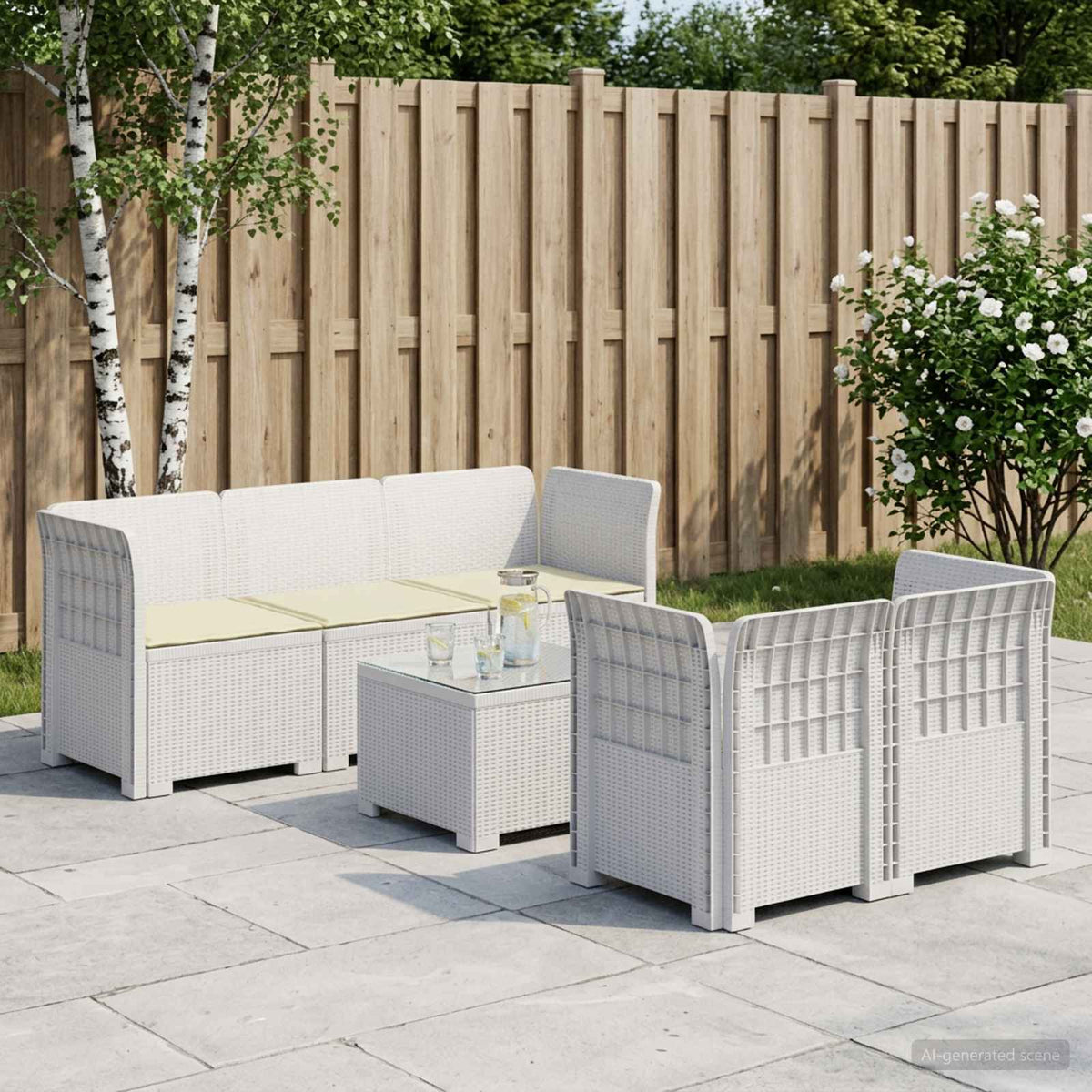 5-Zits Tuin Sofa met Kussens Rattan Look PP Wit is nu te koop bij PeponiXL, paradijselijk wonen!