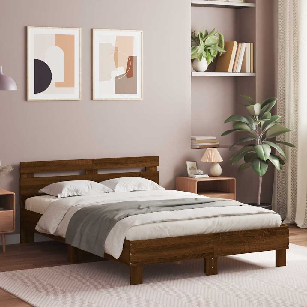 Bedframe met hoofdeinde bruin eikenkleur 135x190 cm is nu te koop bij PeponiXL, paradijselijk wonen!