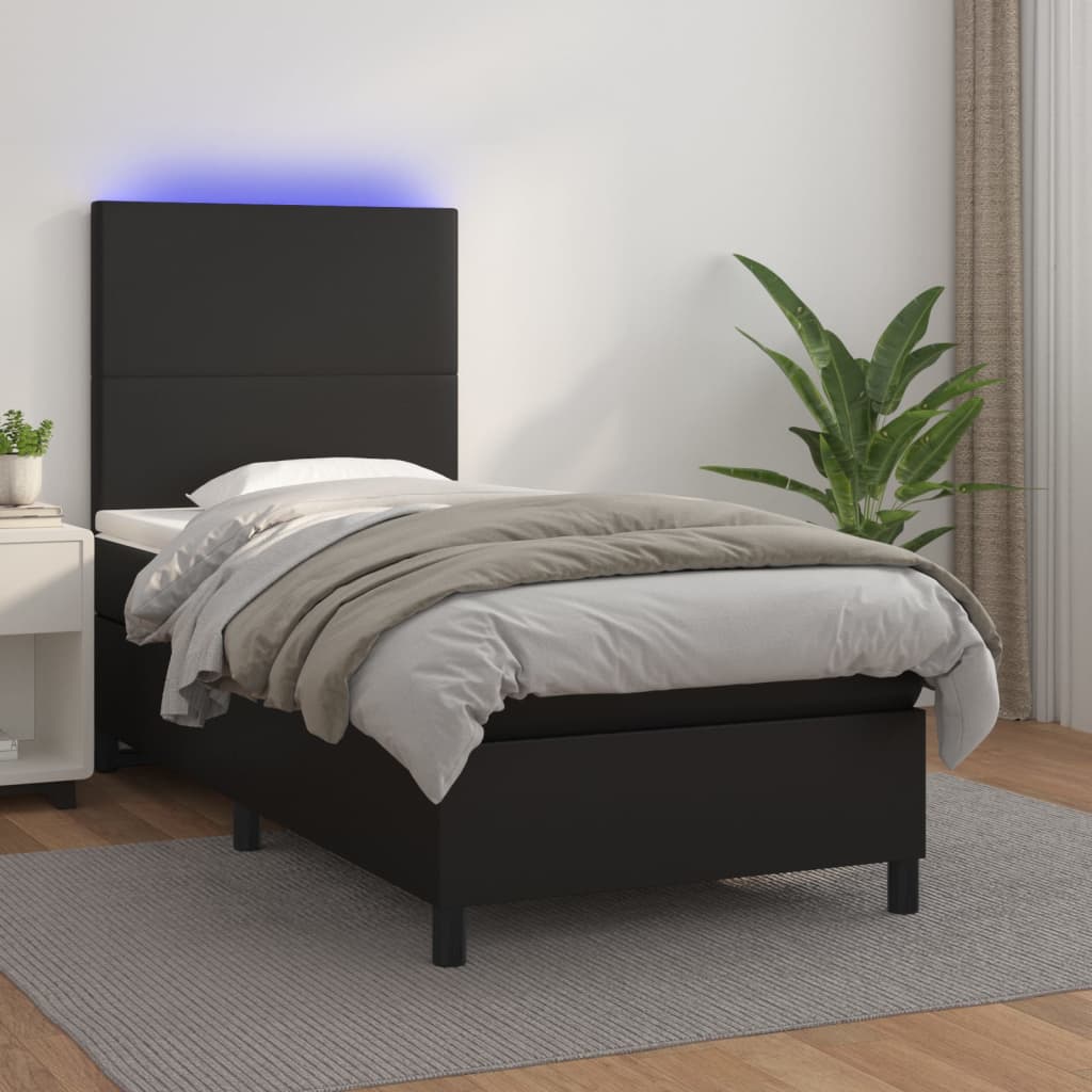 Boxspring met matras en LED kunstleer zwart 90x200 cm is nu te koop bij PeponiXL, paradijselijk wonen!