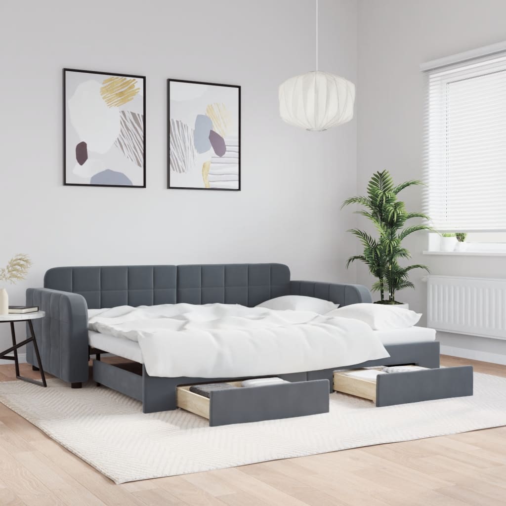 Slaapbank onderschuifbed en lades 90x190 cm fluweel donkergrijs is nu te koop bij PeponiXL, paradijselijk wonen!