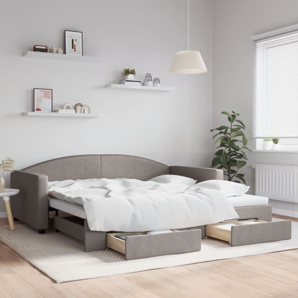 Slaapbank met onderschuifbed en lades 100x200 cm stof taupe is nu te koop bij PeponiXL, paradijselijk wonen!