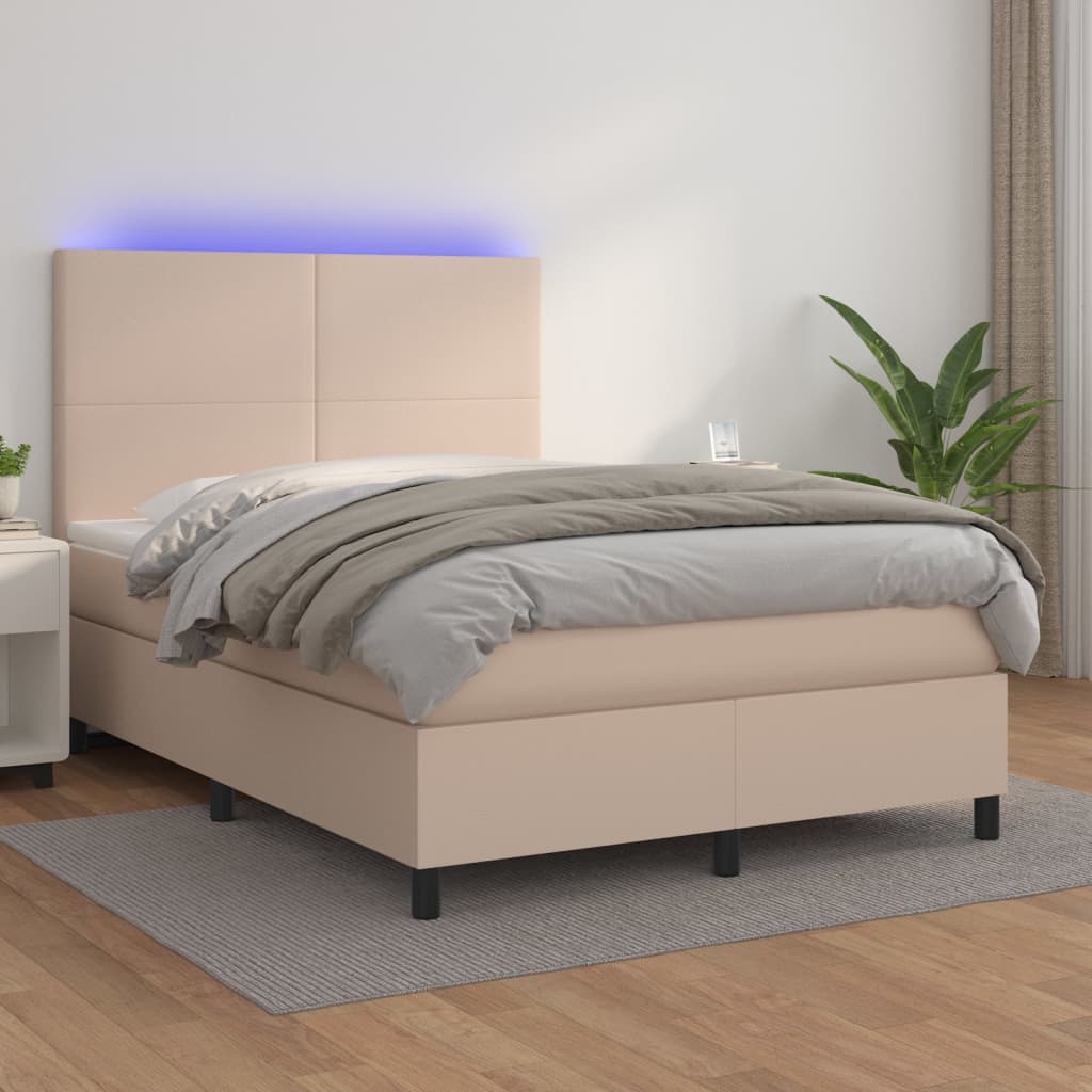 Boxspring met matras en LED kunstleer cappuccinokleur 140x190cm is nu te koop bij PeponiXL, paradijselijk wonen!
