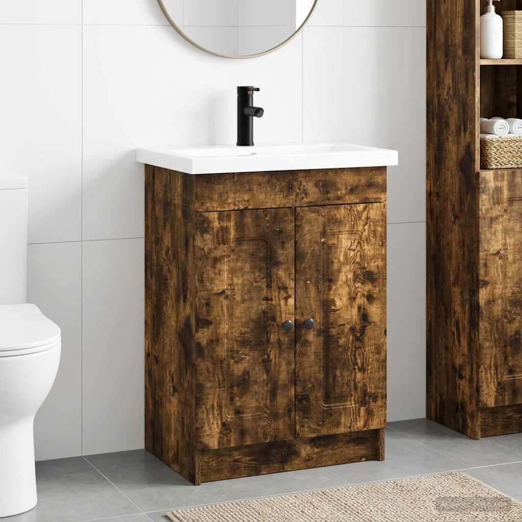 Badkamermeubelset Gerookt eiken 56 x 37,5 x 81 cm Bewerkt hout is nu te koop bij PeponiXL, paradijselijk wonen!