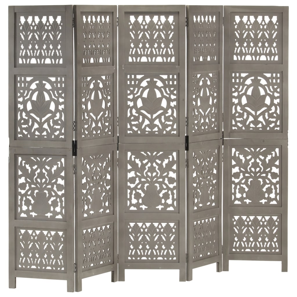 Kamerscherm 5 panelen handgesneden 200x165 cm mangohout grijs is nu te koop bij PeponiXL, paradijselijk wonen!