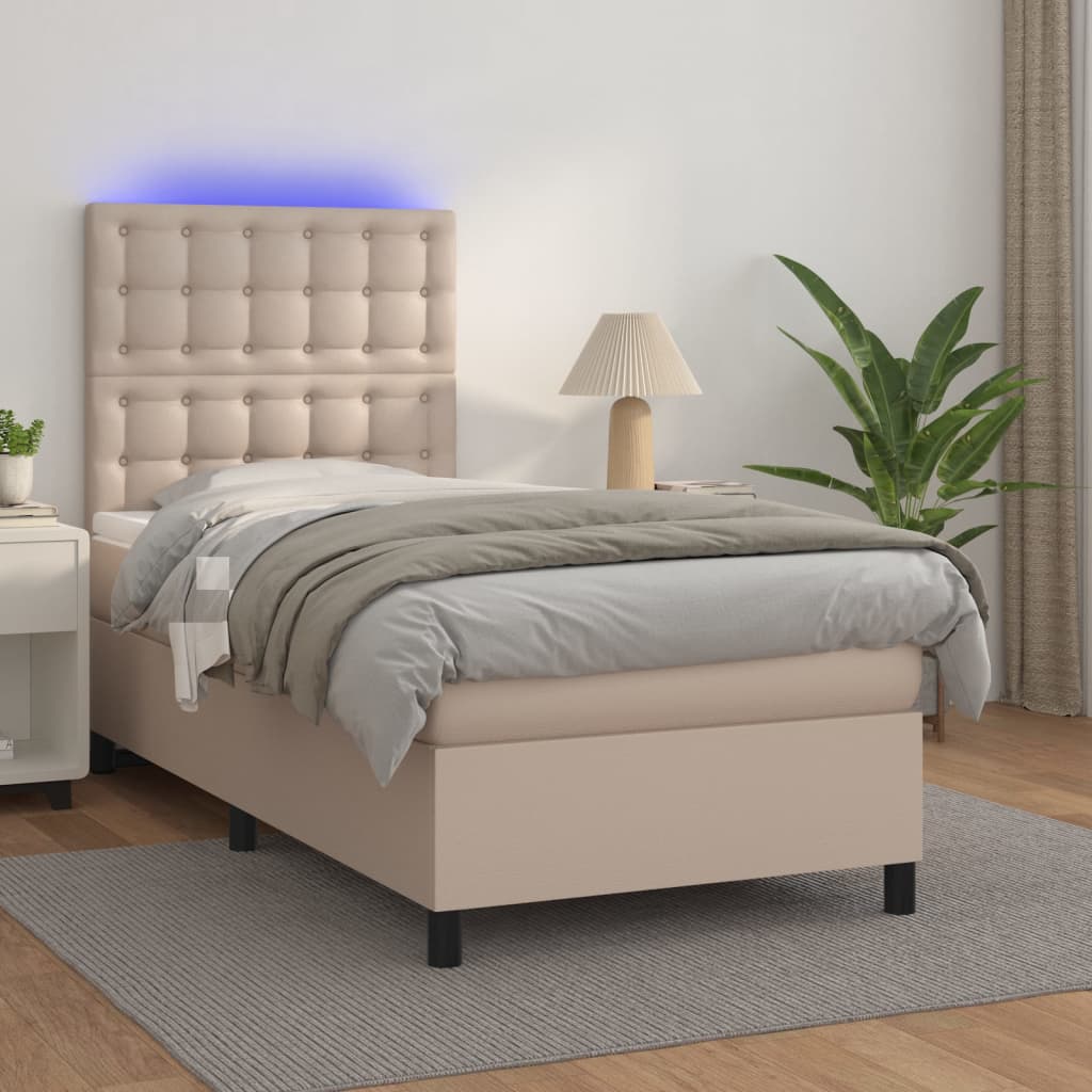 Boxspring met matras en LED kunstleer cappuccinokleur 80x200 cm is nu te koop bij PeponiXL, paradijselijk wonen!