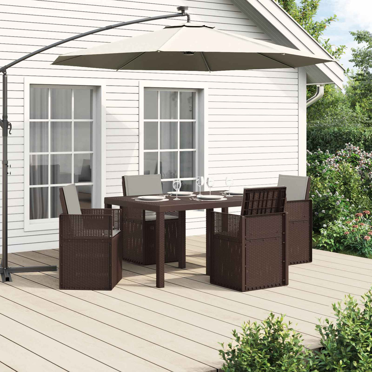 Tuin eettafelset met kussen 5 pcs Bruin en lichtgrijs PP is nu te koop bij PeponiXL, paradijselijk wonen!