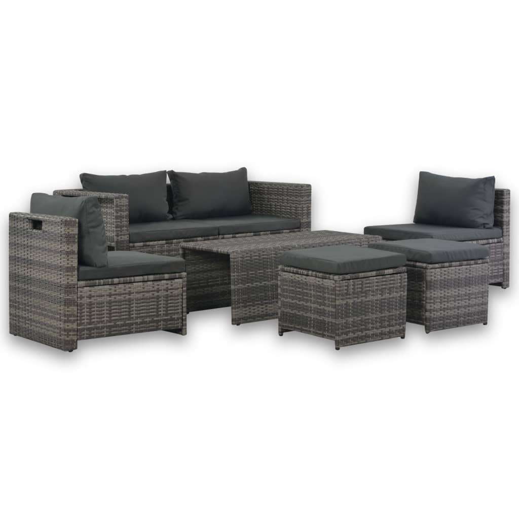 Loungeset met kussens 6-delig poly rattan grijs is nu te koop bij PeponiXL, paradijselijk wonen!