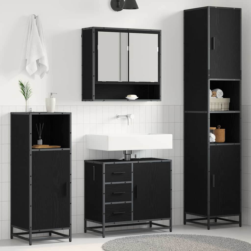 Badkamermeubelset met plank 3 pcs Zwart Eiken Bewerkt hout is nu te koop bij PeponiXL, paradijselijk wonen!