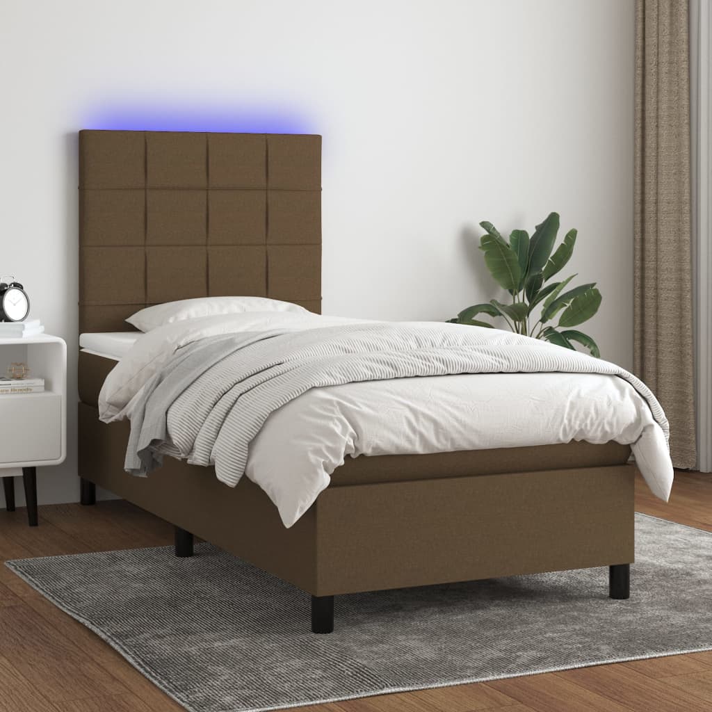 Boxspring met matras en LED stof donkerbruin 100x200 cm is nu te koop bij PeponiXL, paradijselijk wonen!