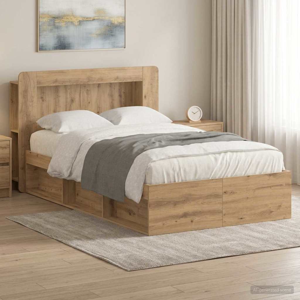 Bedframe met opslag Artisanaal eiken 120 x 200 cm Bewerkt hout is nu te koop bij PeponiXL, paradijselijk wonen!