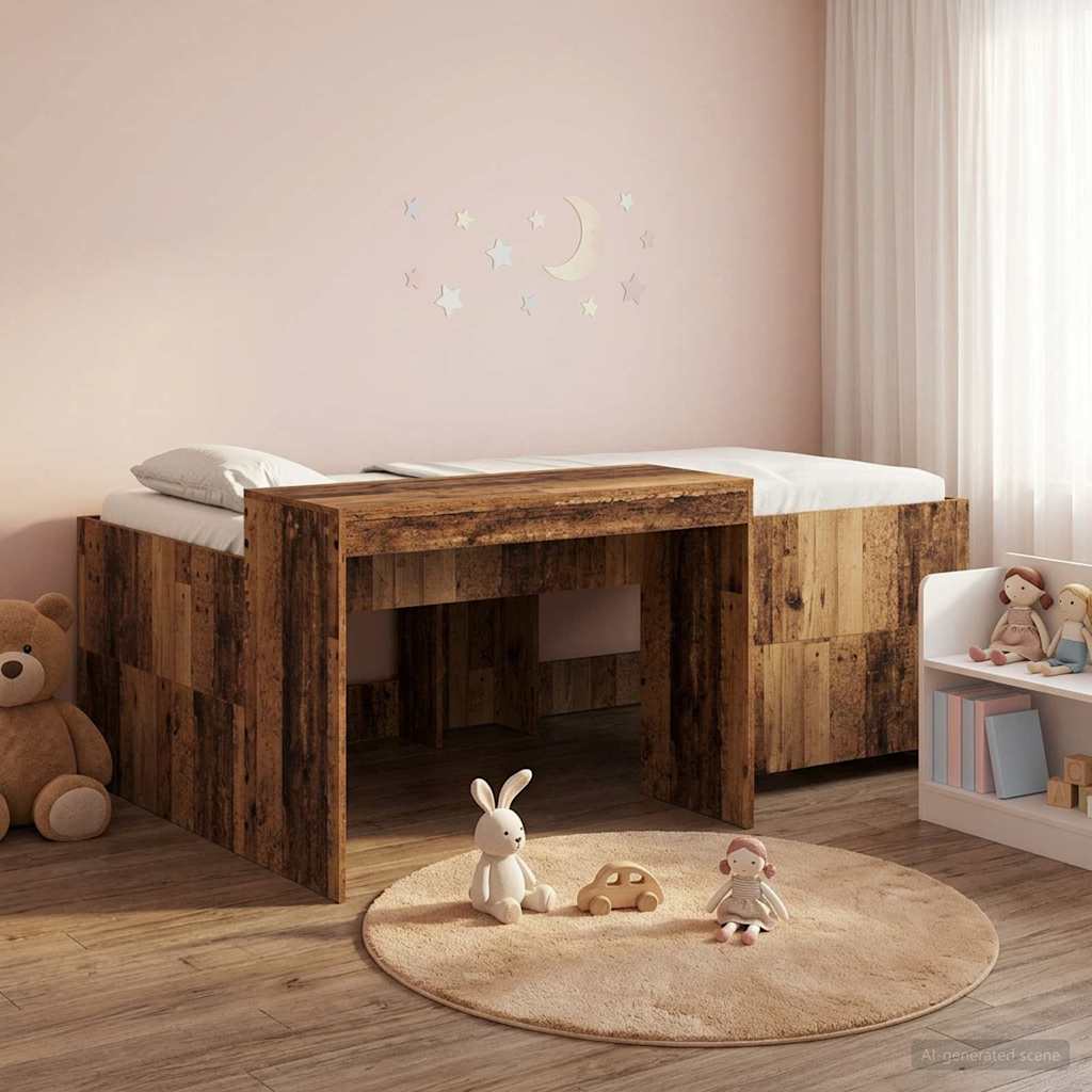 Hoge Bed Frame met Bureau voor Kinderen Oud hout Bewerkt hout is nu te koop bij PeponiXL, paradijselijk wonen!