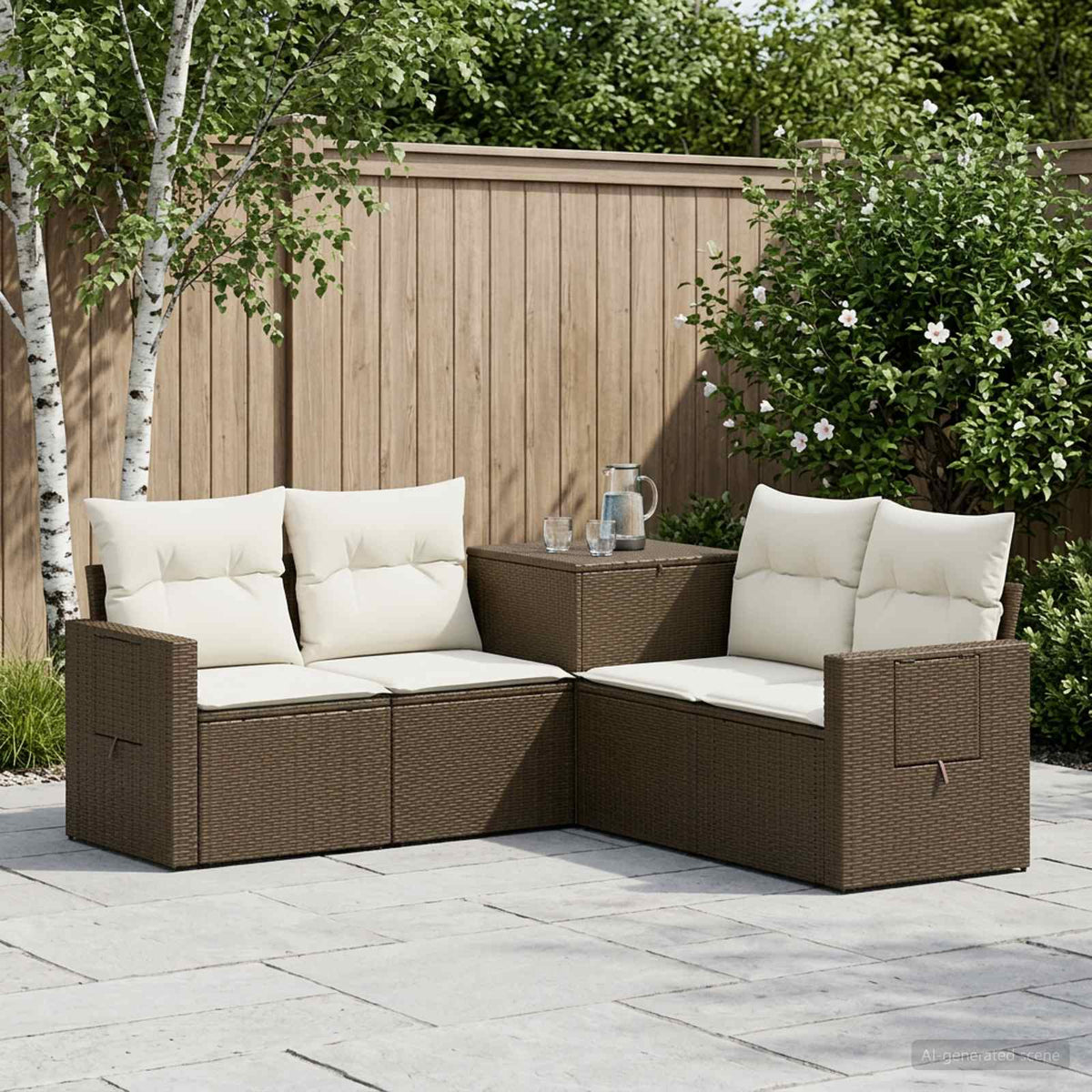 Bankstel 5 st Bruin en Crème Wit Poly Rattan en Staal is nu te koop bij PeponiXL, paradijselijk wonen!