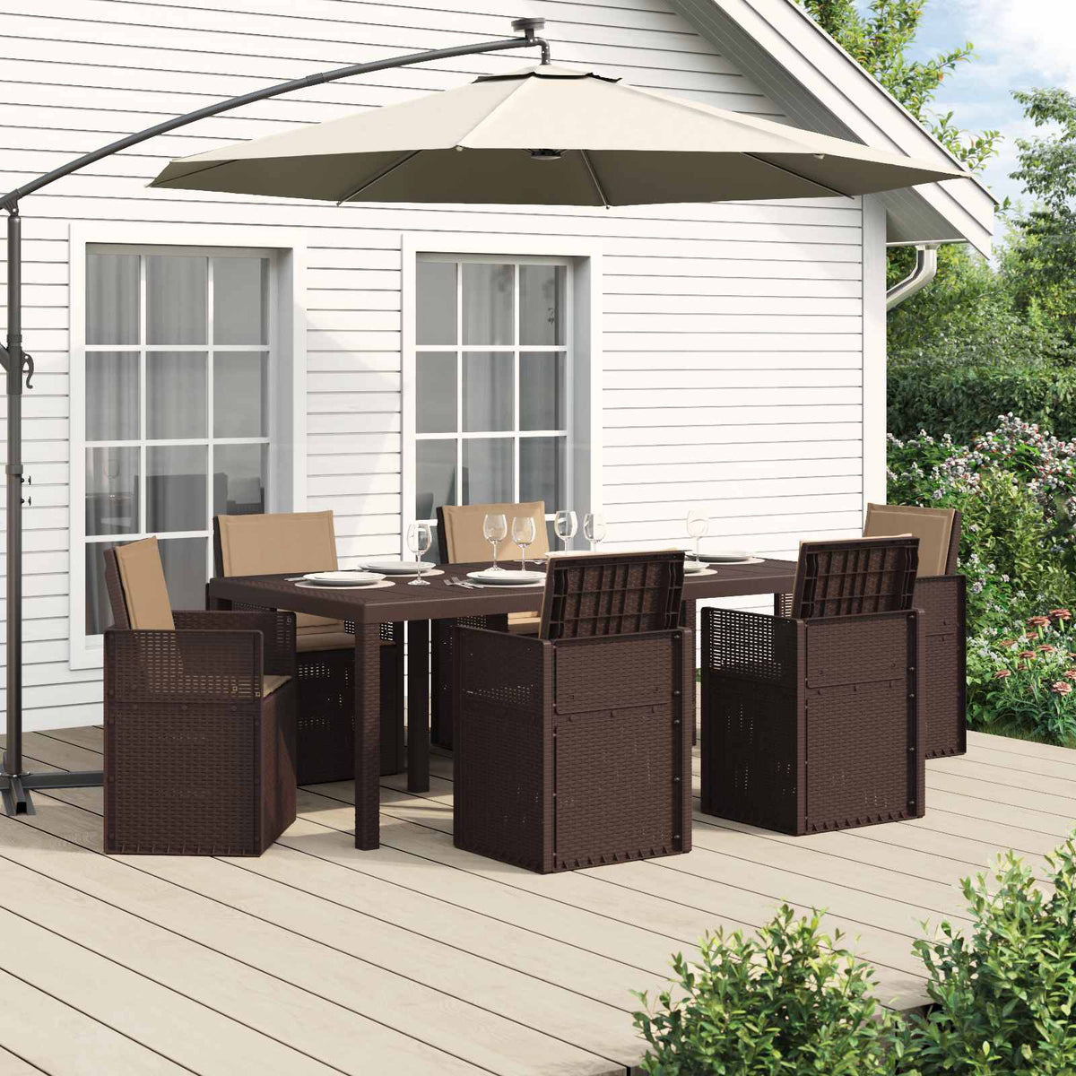 Tuin eettafelset met kussen 7 pcs Bruin en Taupe PP is nu te koop bij PeponiXL, paradijselijk wonen!