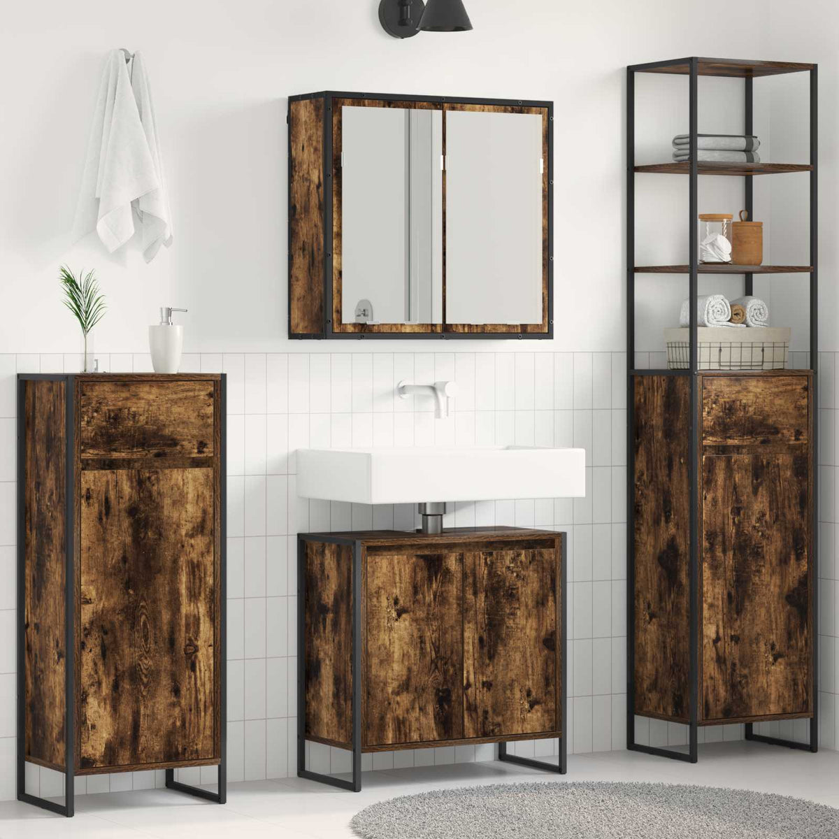 Badkamermeubelset met lade met plank Gerookt eiken Bewerkt hout is nu te koop bij PeponiXL, paradijselijk wonen!