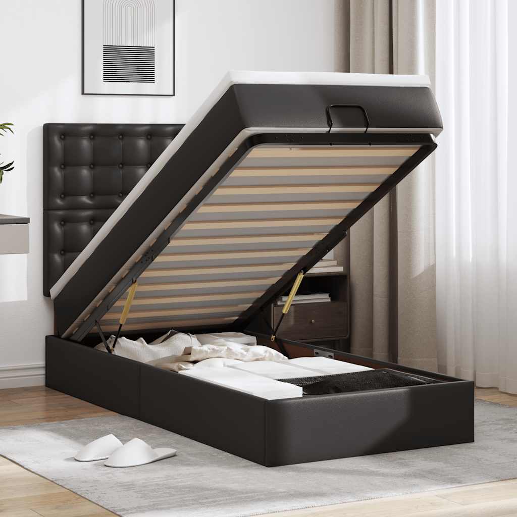 Ottomaanse bed met matras 90x200cm kunstleer zwart is nu te koop bij PeponiXL, paradijselijk wonen!